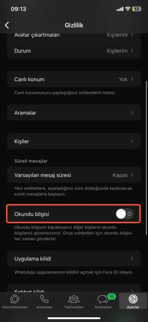 Okundu Bilgisi (Mavi Tik) Özelliğini Kapatmak