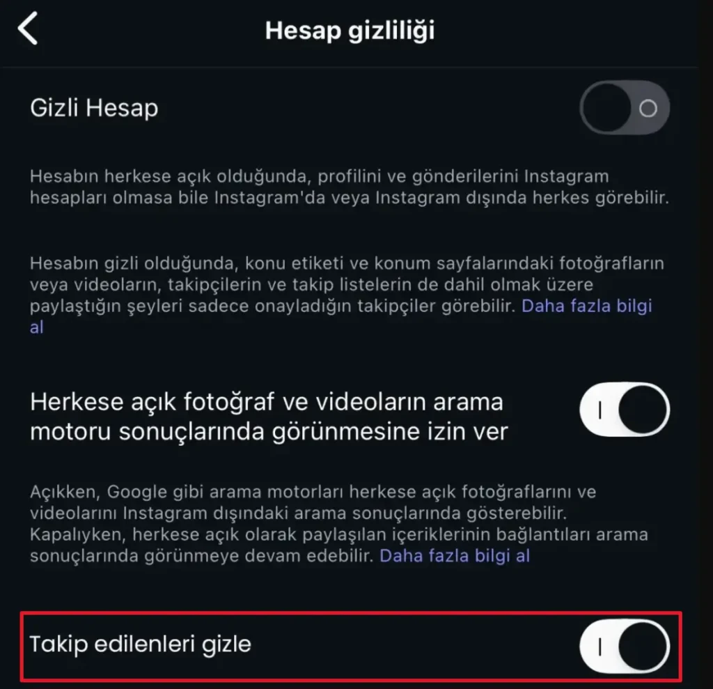 instagram takip edilenleri gizleme